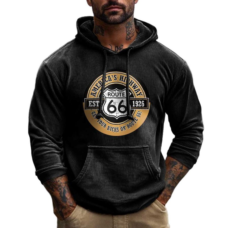 

Men's Vintage Route 66 Road Trip Corduroy Pocket Long Sleeve Casual Hoodie