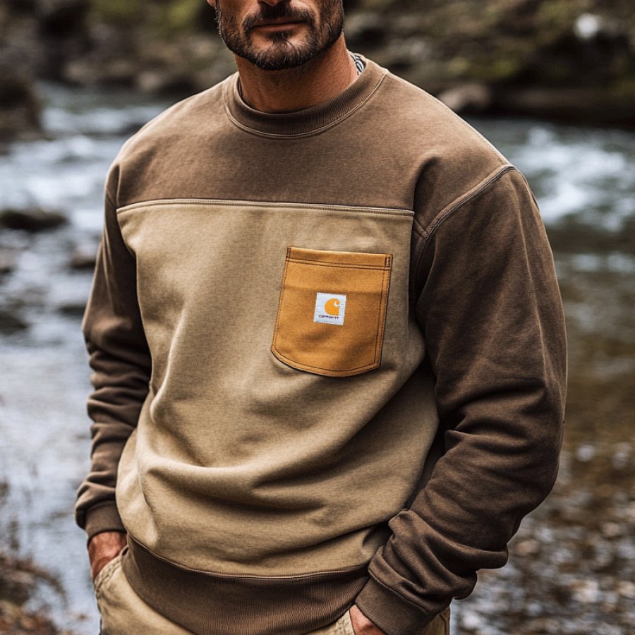 

Men's Outdoor Camping Vintage Pocket Splicing Contrasting Round Neck Sweatshirt