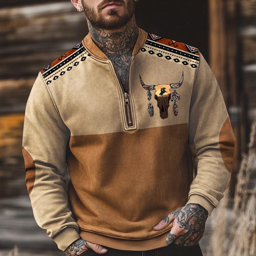 

Men's Vintage Western Cowboy Ethnic Elbow Patch Color Block Henley Zipper Long Sleeve Sweatshirt