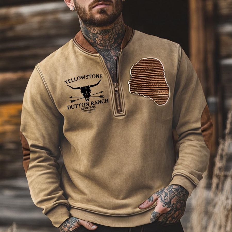 

Men's Vintage Yellowstone Pressed Sleeve Elbow Patch Color Block Henley Zipper Long Sleeve Sweatshirt