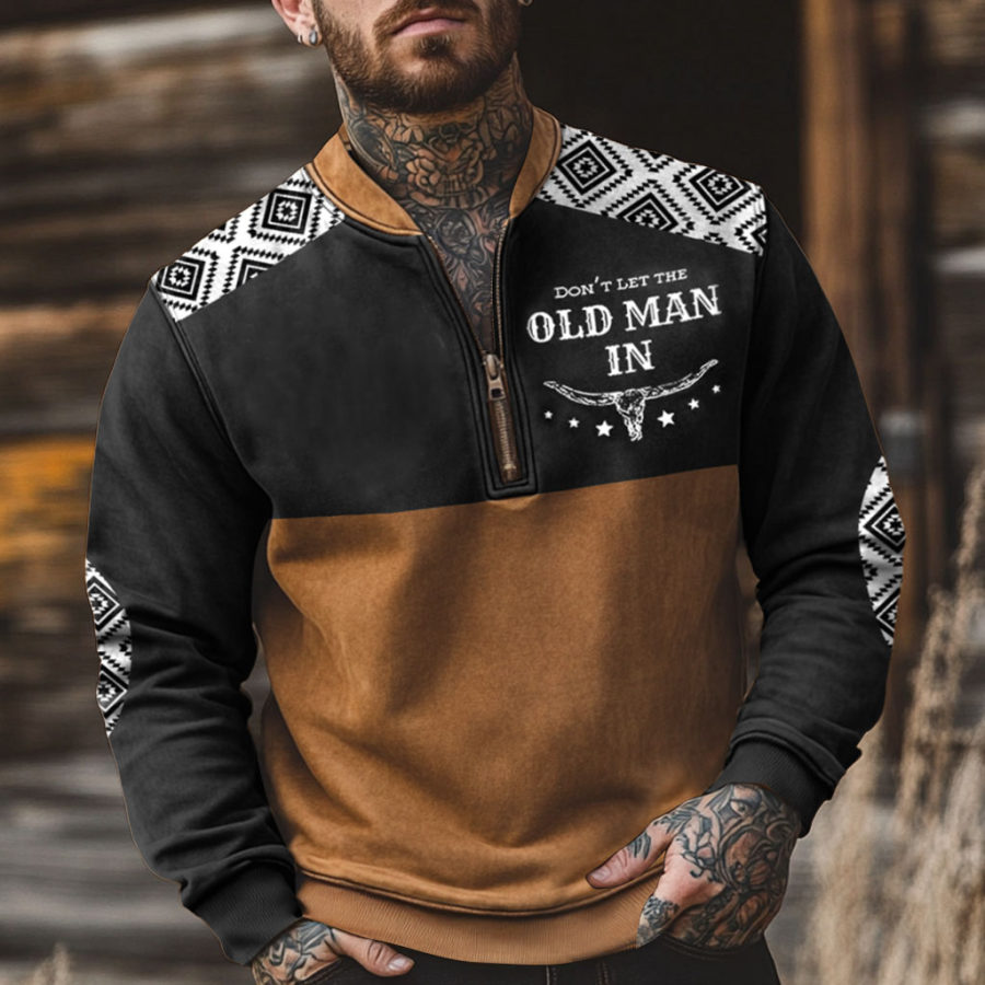 

Men's Vintage Don't Let The Old Man In Western Ethnic Color Block Henley Zipper Long Sleeve Sweatshirt