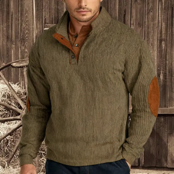 Original Design Men's Corduroy Patchwork Color Block Casual Stand Collar Henley Sweatshirt - Wayrates.com 