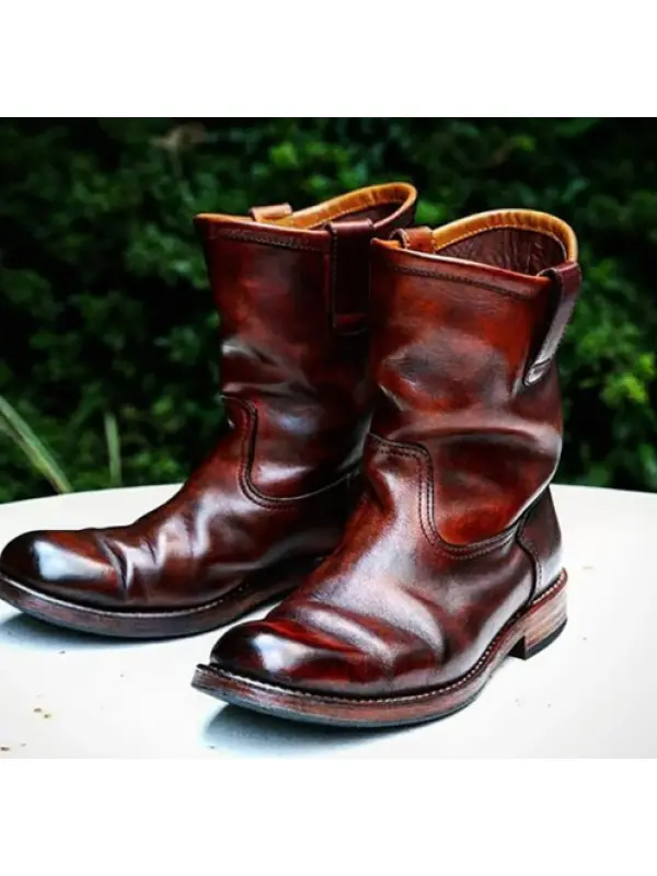 Western Vintage Square Head Soft Leather Boots - Aptkoi.com 