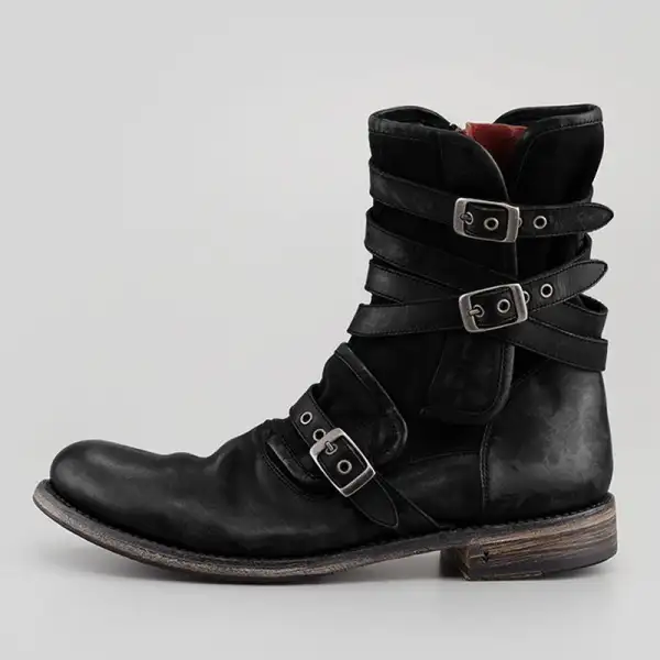 Retro Round Head Belt Buckle Side Zipper Thick Heel Casual Men's Short Boots Oversize 44-48 - Wayrates.com 