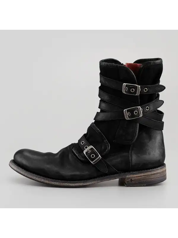 Retro Round Head Belt Buckle Side Zipper Thick Heel Casual Men's Short Boots Oversize 44-48 - Shopyiyistories.com 