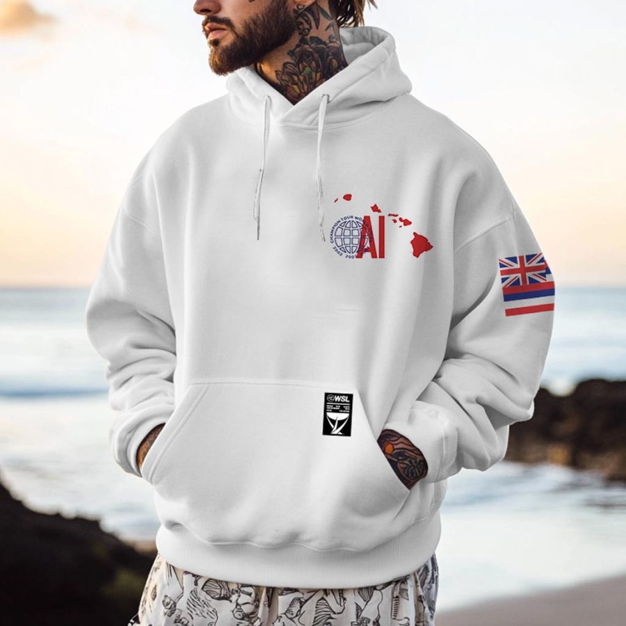 

Men's Vintage Surf Print Pocket Long Sleeve Casual Loose Oversized Hoodie