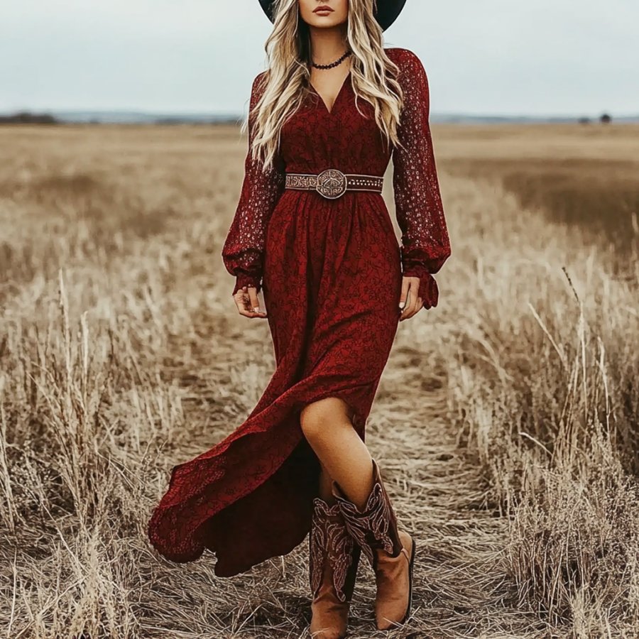 

Women's Vintage Floral Pastoral V-neck Long Sleeve Dress