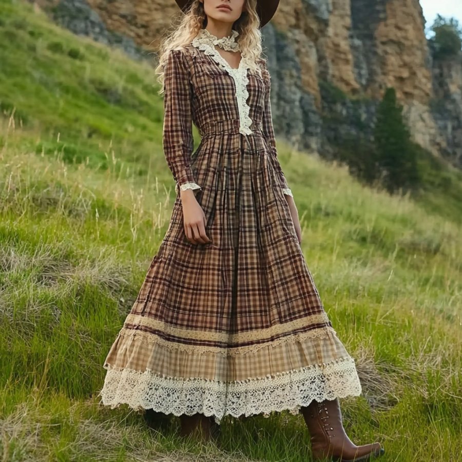 

Women's Vintage Plaid Lace Pastoral V-neck Long Sleeve Dress