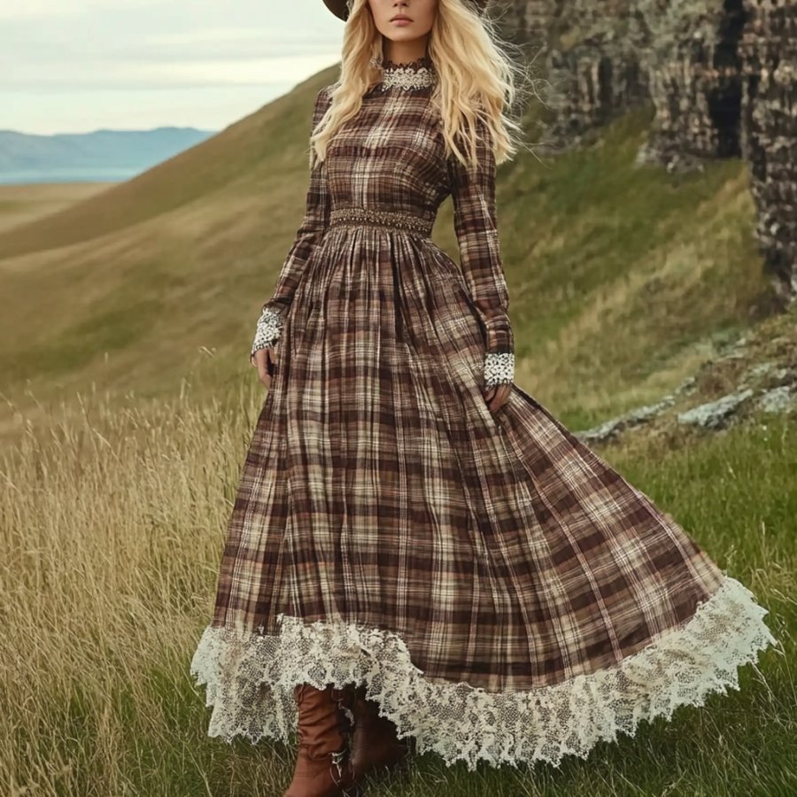 

Women's Vintage Plaid Lace Pastoral Long Sleeve Dress
