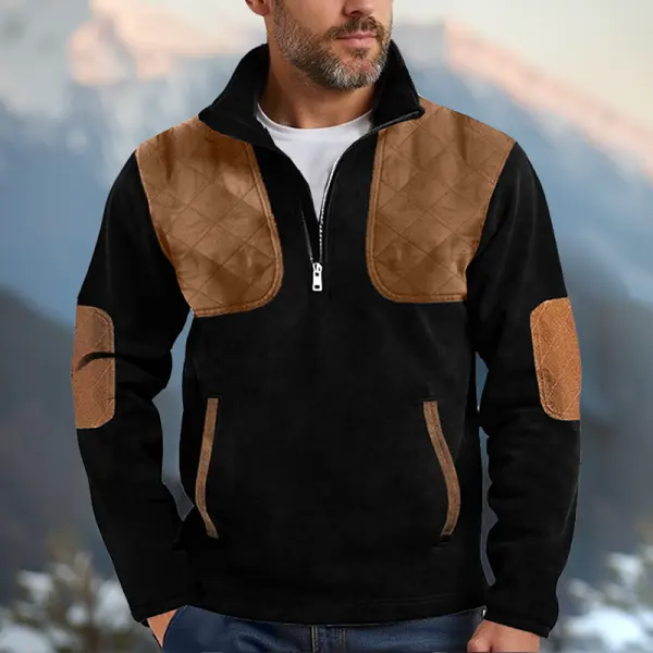 Men's Vintage Patchwork Quarter Zip Neck Pocket Elbow Patch Outdoor Sweatshirt - Wayrates.com 