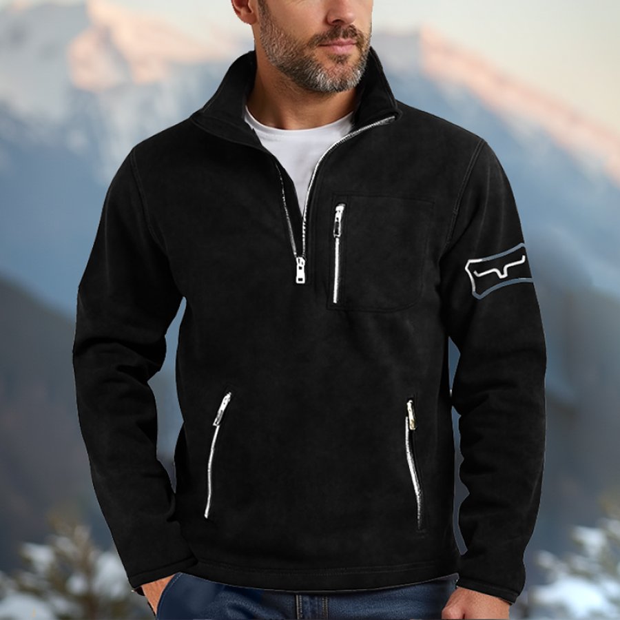 

Men's Vintage Quarter Zip Neck Pocket Outdoor Sweatshirt