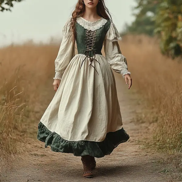 Ladies Vintage Lace-up Patchwork Puffed Sleeve Western Style Cotton And Linen Rustic Boho Dress - Wayrates.com 