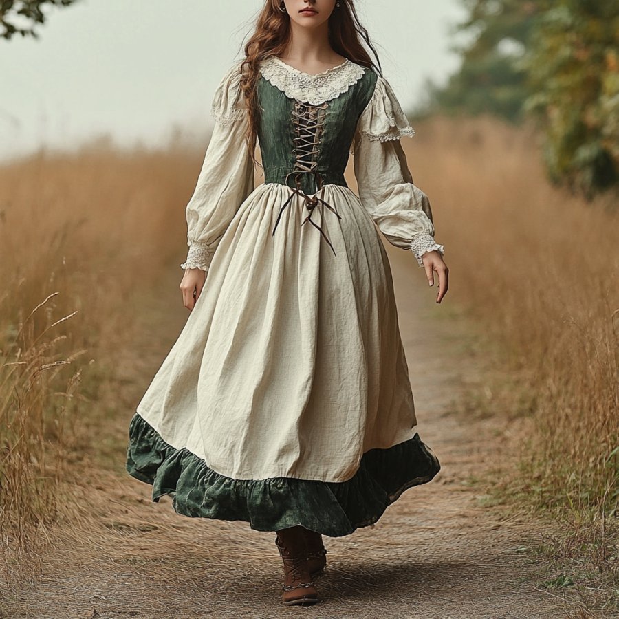 

Ladies Vintage Lace-up Patchwork Puffed Sleeve Western Style Cotton And Linen Rustic Boho Dress