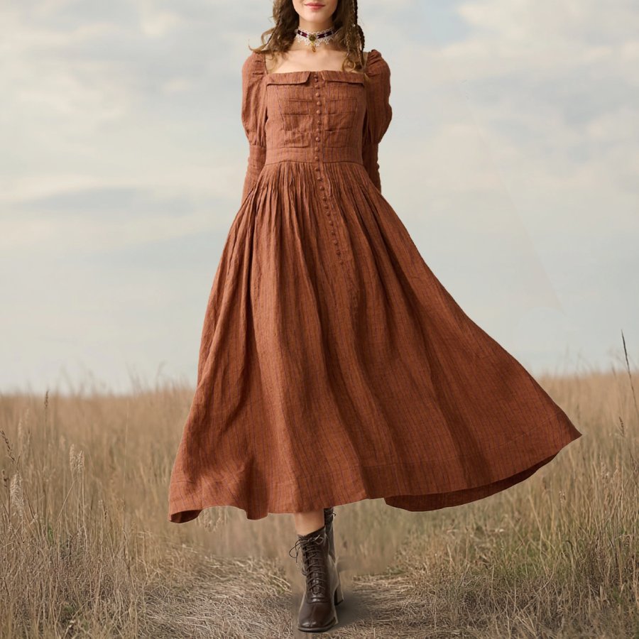 

Ladies Vintage Puffed Sleeve Western Style Cotton And Linen Rustic Boho Dress