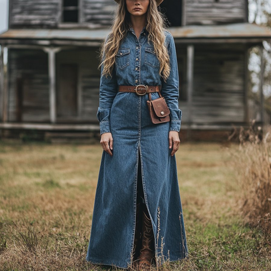 

Ladies Vintage Western Style Pastoral Shirt Collar Pocket Rustic Boho Denim Dress