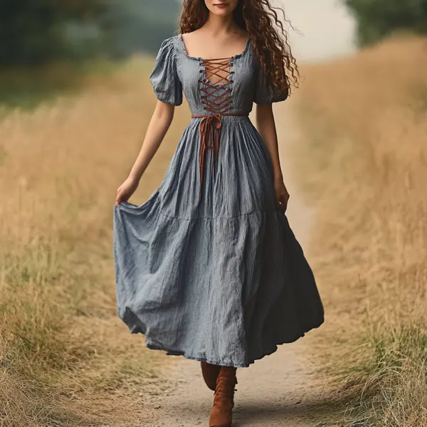 Ladies Vintage Lace-up Puffed Sleeve Western Style Cotton And Linen Rustic Boho Dress - Wayrates.com 