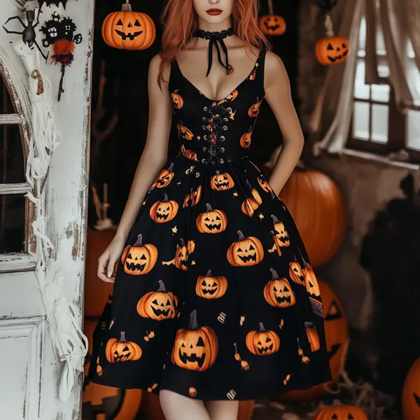 Ladies Vintage Halloween Lace-up Pumpkin Print Dress - Wayrates.com 