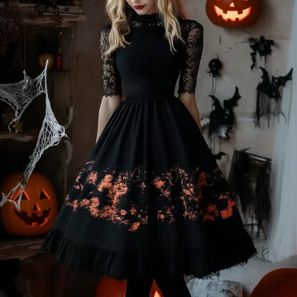 Ladies Vintage Halloween Pumpkin Print Lace Dress - Elementnice.com 