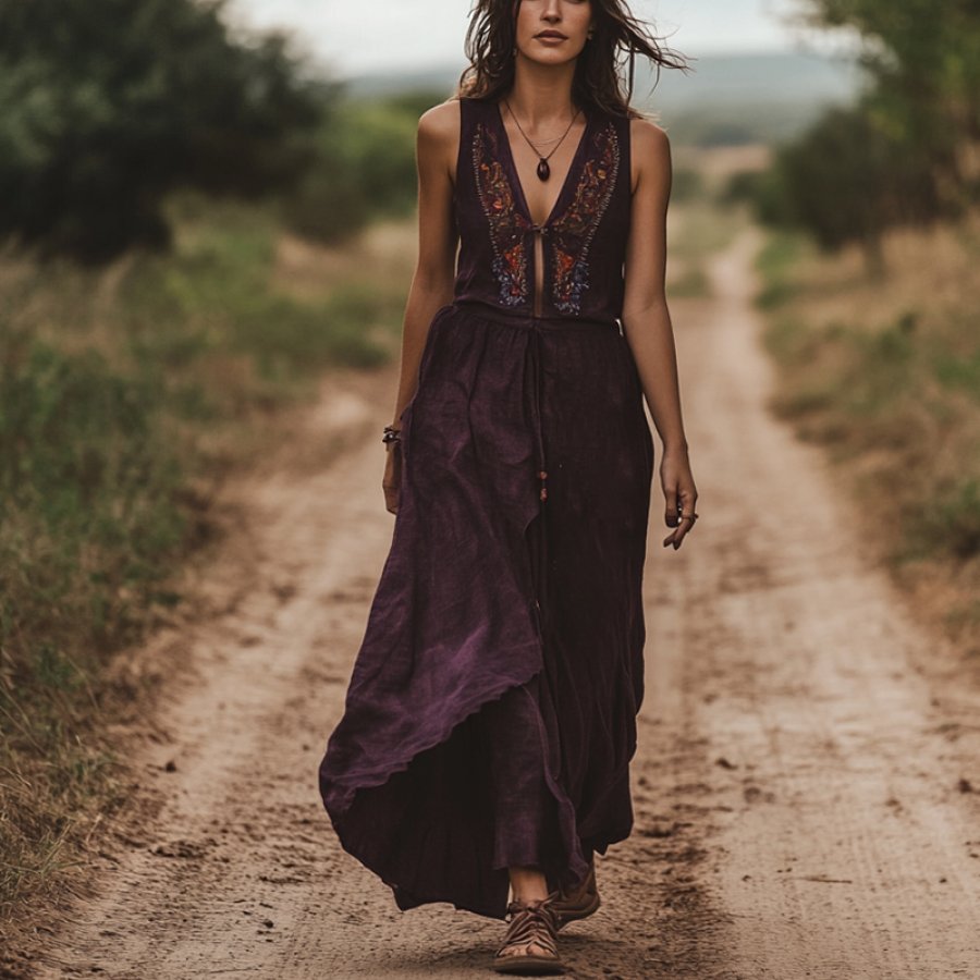 

Women's Vintage Boho Style Pastoral V-neck Sleeveless Cotton And Linen Dress