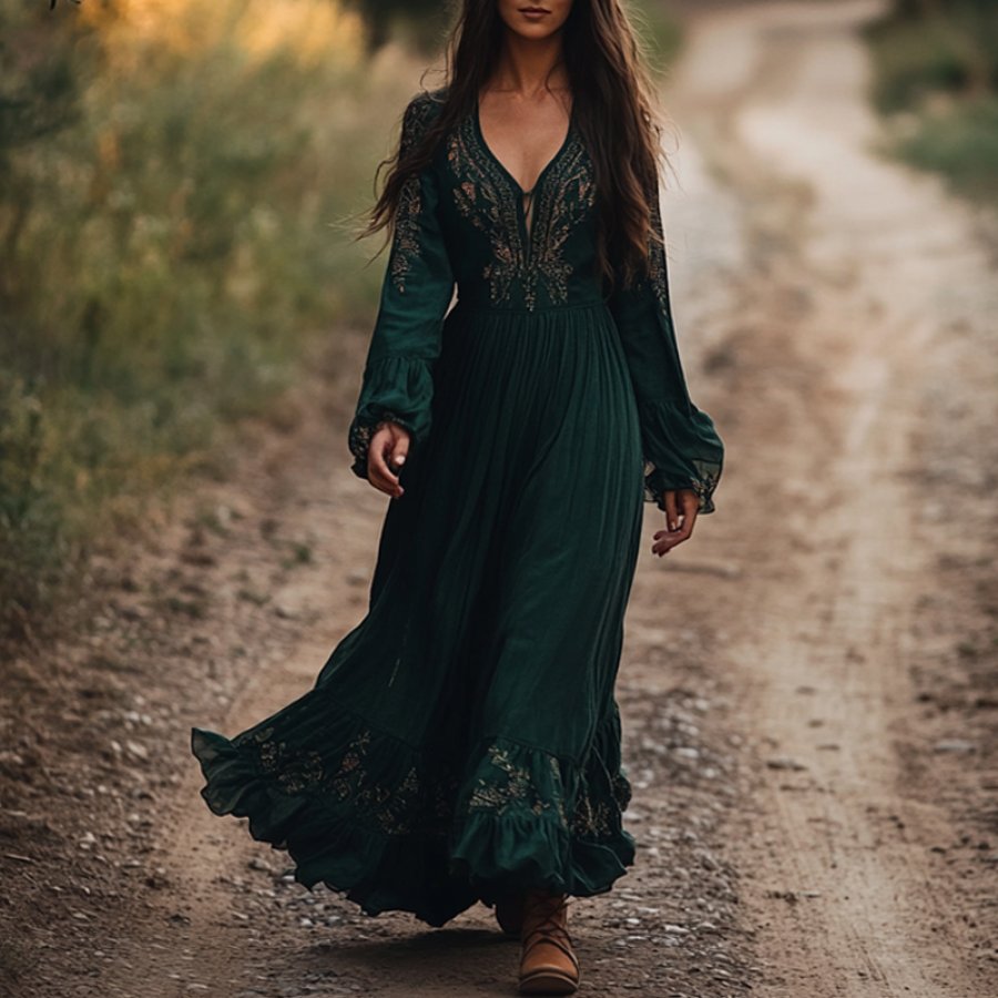 

Women's Vintage Floral Boho Style Pastoral V-neck Long Sleeves Dress