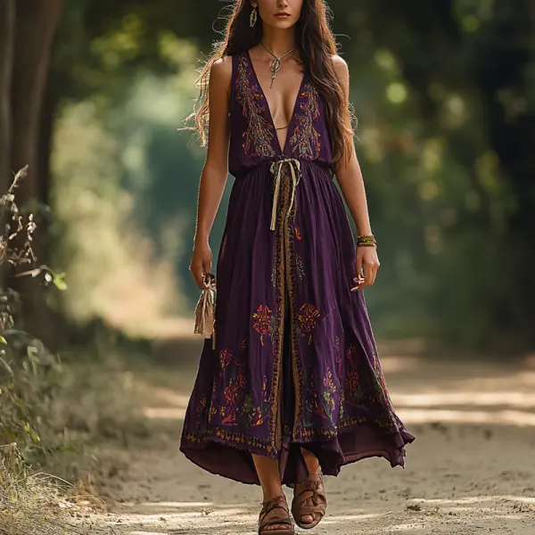 Women's Vintage Boho Style Pastoral V-neck Sleeveless Cotton And Linen Dress - Wayrates.com 