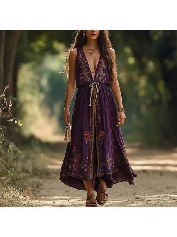 Women's Vintage Boho Style Pastoral V-neck Sleeveless Cotton And Linen Dress - Realyiyishop.com 