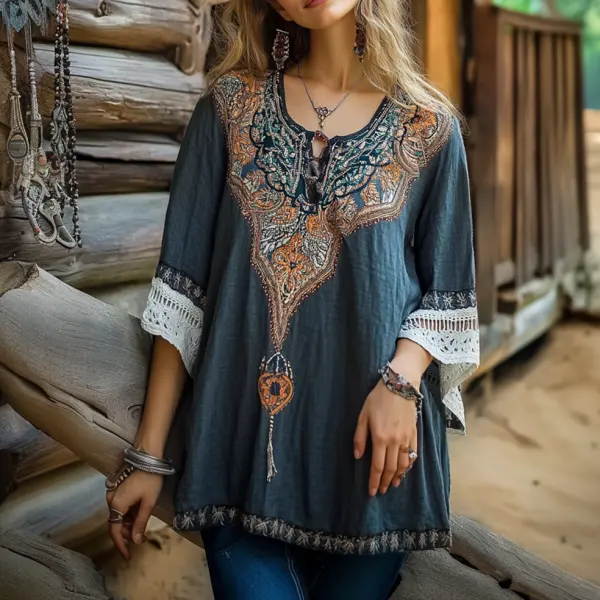 Ladies Vintage Olive Ethnic Print Bohemian Style Loose Cotton Linen Long Shirt - Wayrates.com 