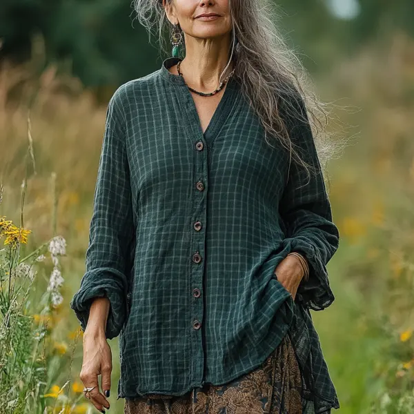 Ladies Vintage Olive Checkered Print Bohemian Style Loose Cotton Linen Long Shirt - Wayrates.com 