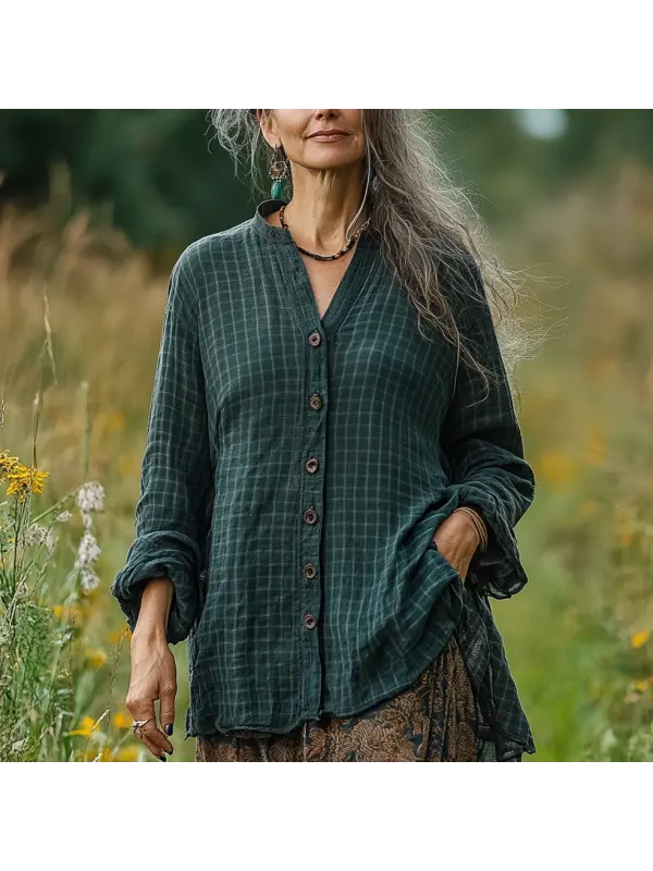 Ladies Vintage Olive Checkered Print Bohemian Style Loose Cotton Linen Long Shirt - Realyiyi.com 