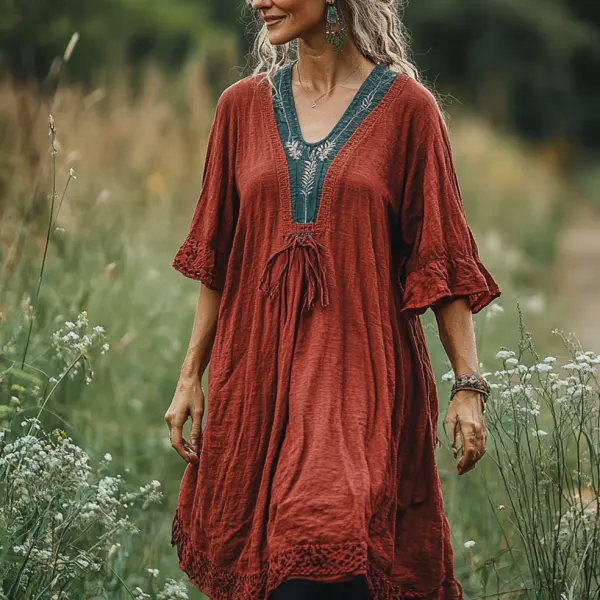 Ladies Vintage Print Bohemian Style Loose Cotton Linen Dress - Wayrates.com 