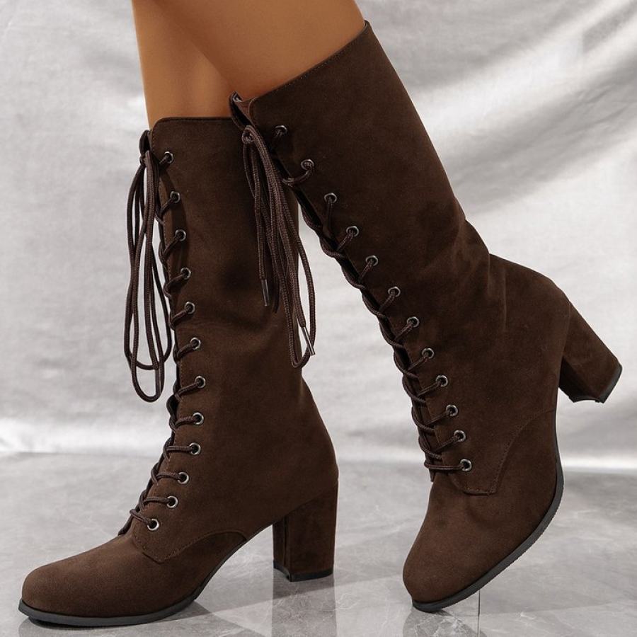 

Women's Vintage Lace-up Suede High-heeled Boots