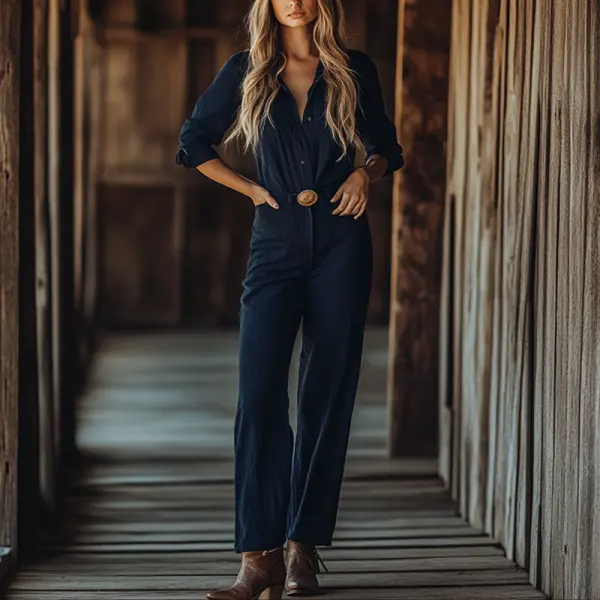 Women's Western Cowboy Long Sleeved Dark Blue Button And Linen Jumpsuit - Wayrates.com 