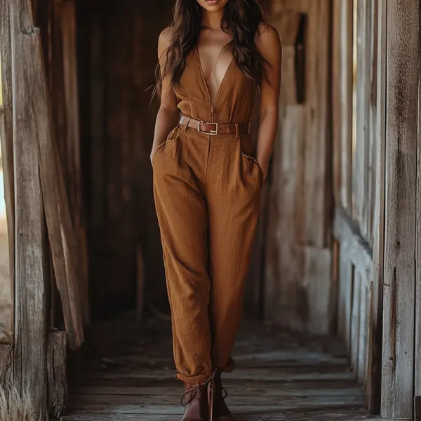 Women's Western Cowboy V-neck Zipper Cotton And Linen Jumpsuit - Wayrates.com 