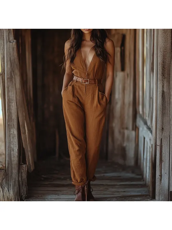 Women's Western Cowboy V-neck Zipper Cotton And Linen Jumpsuit - Realyiyi.com 