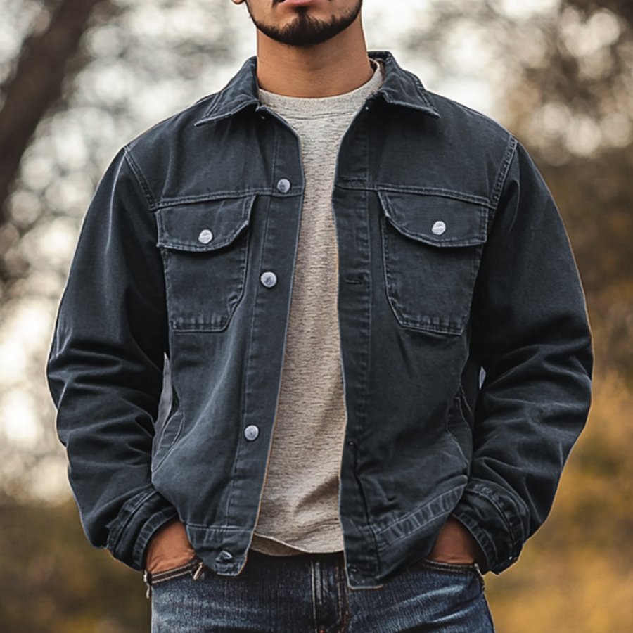 

Men's Vintage Distressed Dark Blue Denim Pocket Buttons Jacket