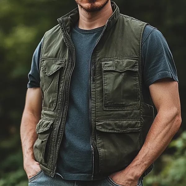 Men's Vintage Outdoor Pocket Zipper Military Green Vest Jacket - Wayrates.com 