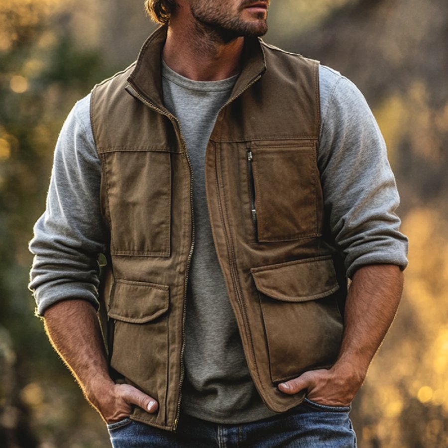 

Men's Vintage Outdoor Zipper Pocket Brown Vest Jacket