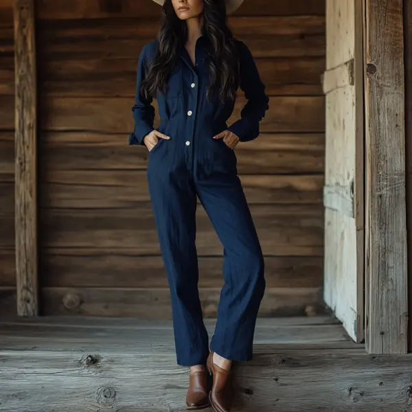 Women's Western Cowboy Long Sleeved Dark Blue Pocket Button And Linen Jumpsuit - Wayrates.com 