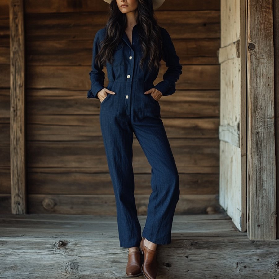 

Women's Western Cowboy Long Sleeved Dark Blue Pocket Button And Linen Jumpsuit