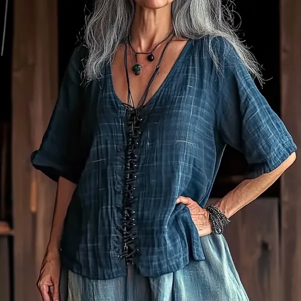 Women's Vintage Lace-up Western Cotton Linen Boho Loose Shirt - Wayrates.com 