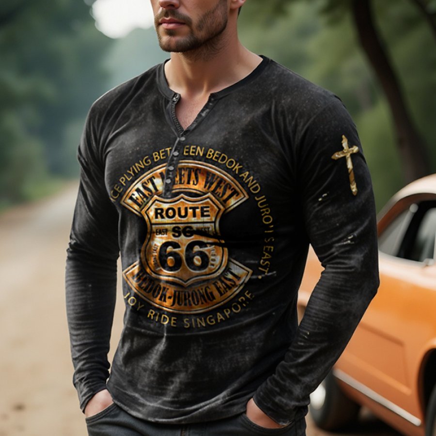 

Men's Vintage Route 66 Print Henley Collar Top