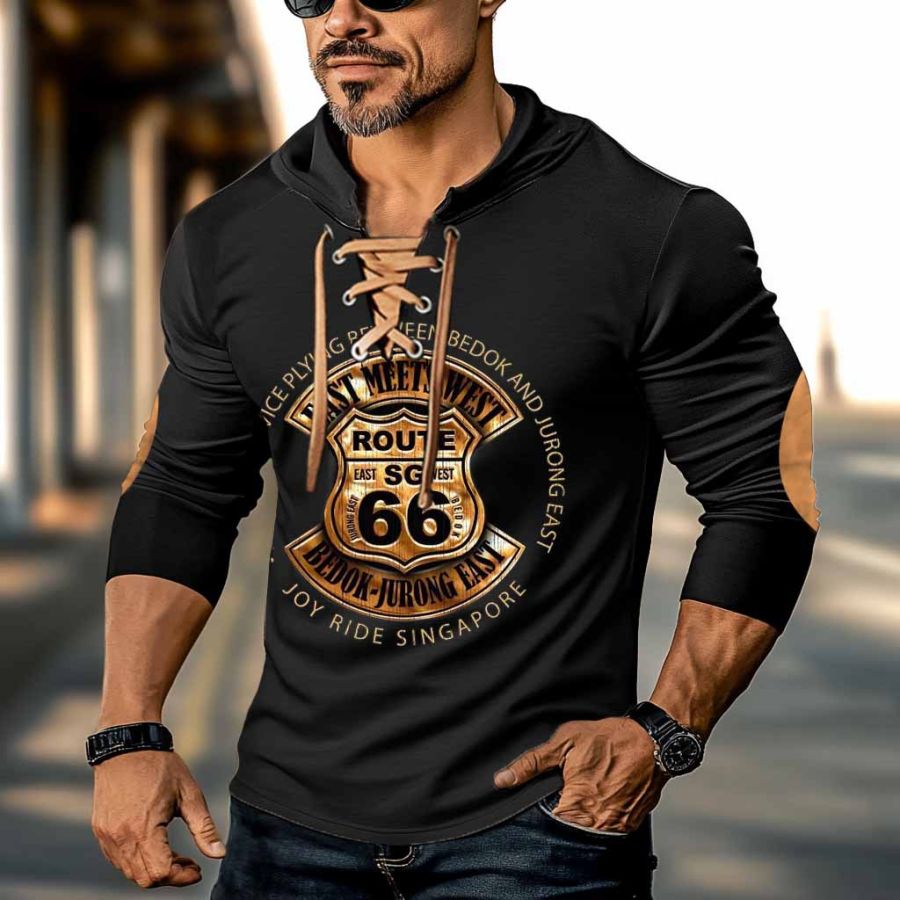 

Men's Vintage Route 66 Road Trip Print Lace-Up Hooded Long Sleeve Color Block T-shirt