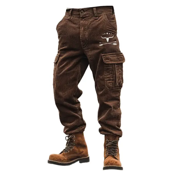 Men's Vintage Corduroy Western Cowboy Outdoor Multi-pocket Cargo Workwear Pants - Menzfolk.com 