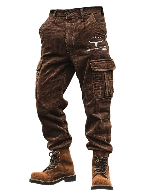 Men's Vintage Corduroy Western Cowboy Outdoor Multi-pocket Cargo Workwear Pants - Menwyx.com 