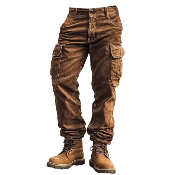 Men's Vintage Suede Outdoor Multi-pocket Cargo Workwear Pants - Menzfolk.com 