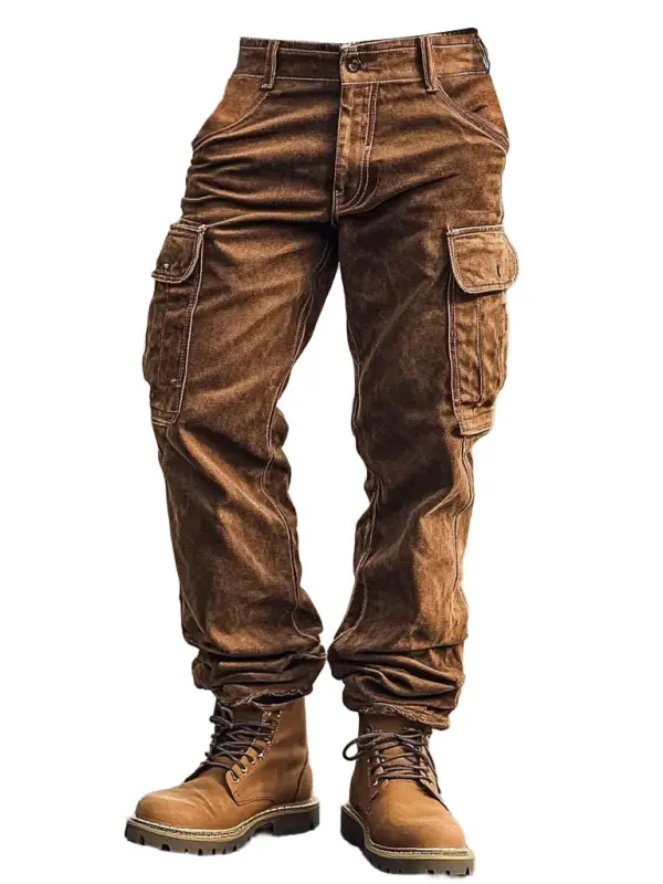 Men's Vintage Suede Outdoor Multi-pocket Cargo Workwear Pants - Menwyx.com 