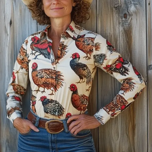 Women's Western Cowboy Thanksgiving Turkey Printed Shirt - Cotosen.com 