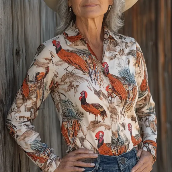 Women's Western Cowboy Turkey Printed Thanksgiving Apricot Color Shirts - Cotosen.com 