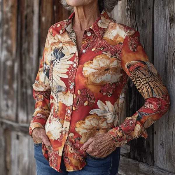 Women's Western Cowboy Turkey Printed Thanksgiving Red Shirts - Wayrates.com 