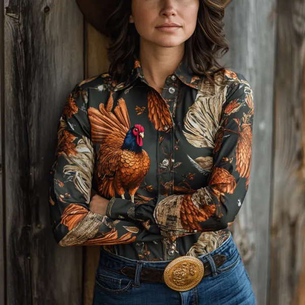 Women's Western Cowboy Turkey Printed Thanksgiving Shirts - Elementnice.com 